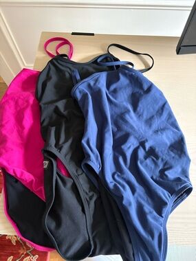 Three One-Piece Swimsuits - Navy, Black, Hot Pink